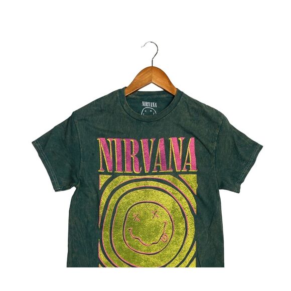 Nirvana Vintage Style Smile Back Short Sleeve Unisex T Shirt Crew Neck S Green - Picture 3 of 14